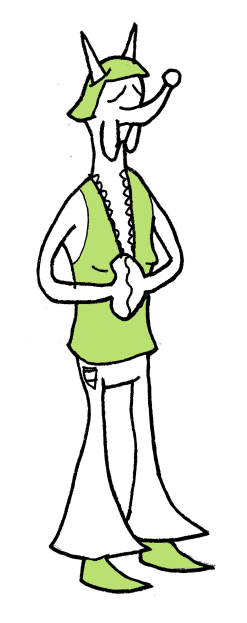 A tallish lady wearing a green shirt with a large neck with frills, and appears to be a dog lady with large jowls and a big nose, with straight green hair and point ears.